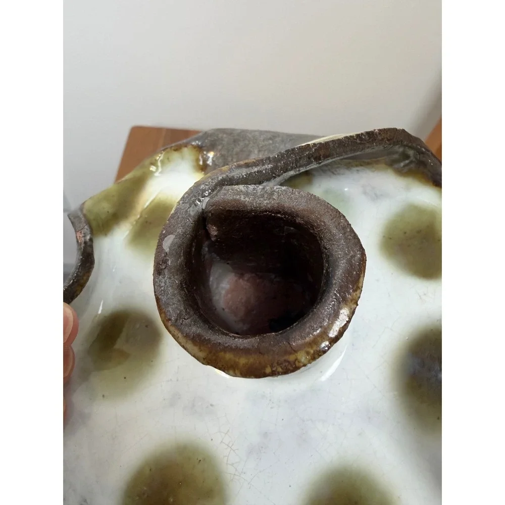 Studio Pottery Signed Chamberstick Candle Holder Polka Dot Brown White Green